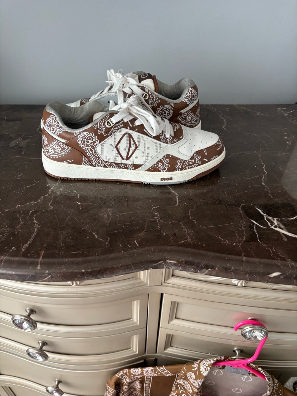Dior Mens Brown & White Bandana-Print Sneakers